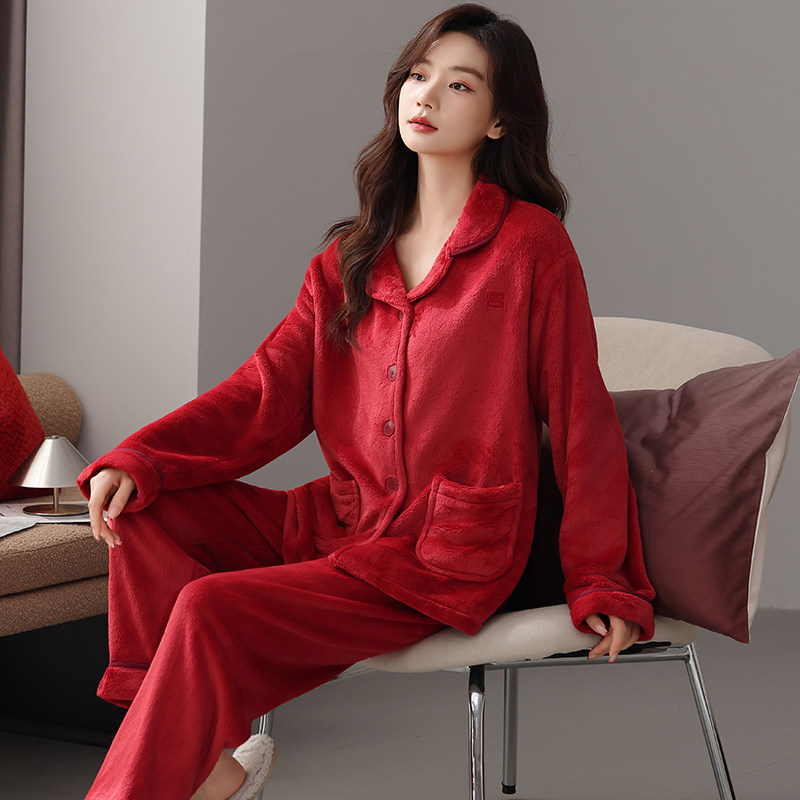 红色睡衣女款秋冬季法兰绒翻领开衫加绒加厚保暖家居服可外穿套装