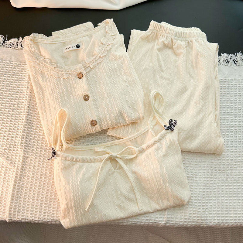 睡衣女春秋款纯棉三件套蕾丝开衫长袖带胸垫吊带可外穿家居服套装