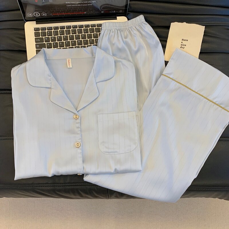 轻奢高级感条纹冰丝睡衣女春秋款翻领缎面长袖长裤开衫家居服套装