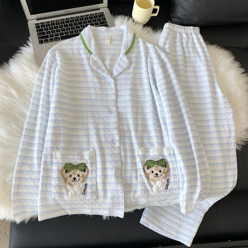 2025新款睡衣女春秋季长袖开衫学生可爱卡通条纹高级感家居服套装