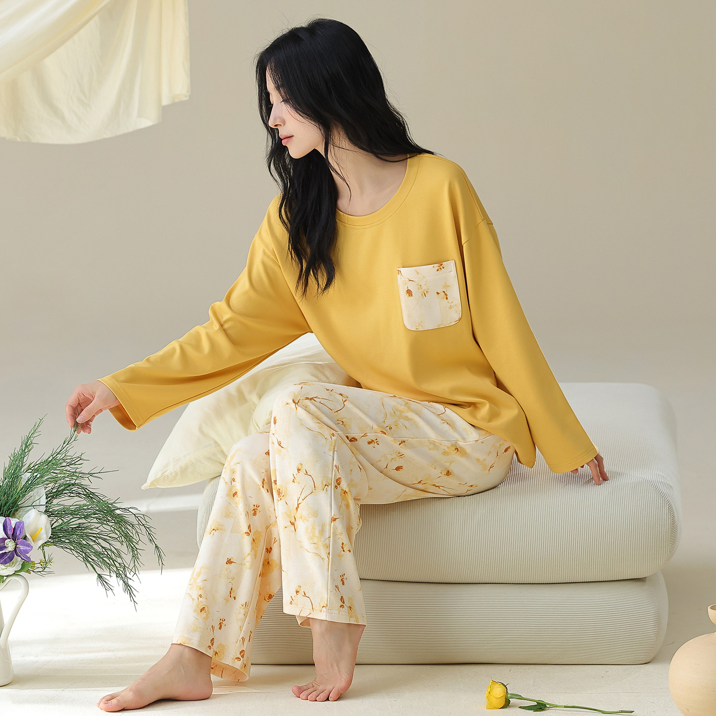睡衣女春秋款纯棉长袖套装黄色上衣碎花阔腿裤带胸垫可外穿家居服
