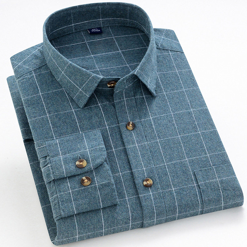 春秋天绿色纯棉磨毛大格子长袖衬衫男士商务休闲翻领经典格纹衬衣
