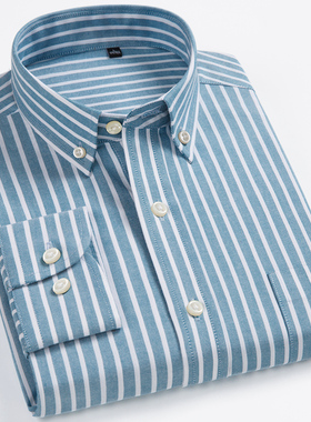 纯棉绿色大条纹衬衫男长袖秋季韩版全棉牛津纺休R闲竖条子衬衣潮