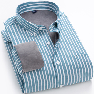 保暖衬衫男士帅气灰色直条纹加厚加绒衬衣冬韩版休闲潮流棉衣