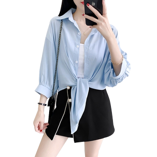 缎面白色绑带衬衫女气质休闲夏季短袖衬衣宽松搭配裙子背心防晒衣