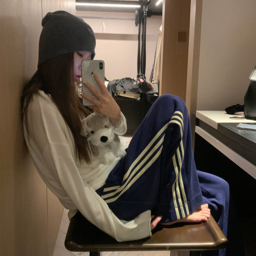 春秋新款高腰侧条纹阔腿卫裤女
