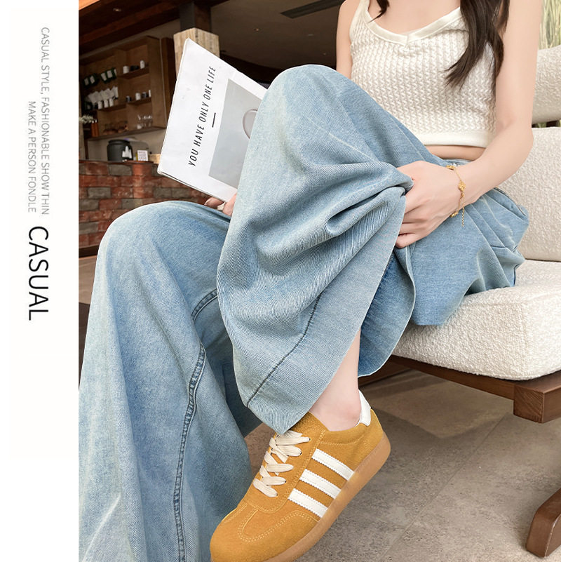 浅蓝色天丝阔腿牛仔裤女夏季薄款2026新款高腰垂感高个子直筒裤子