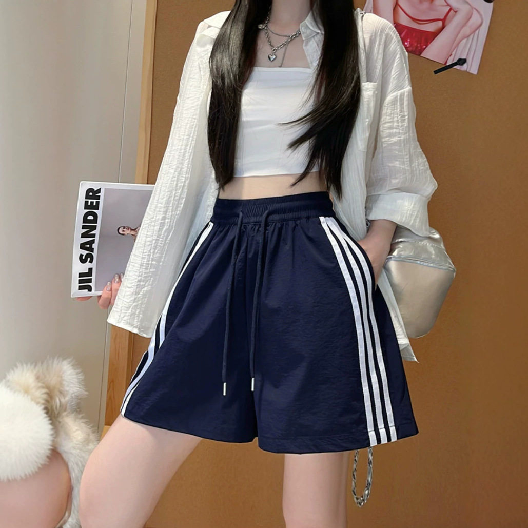 藏青色美式抽绳宽松阔腿裤女夏季2026新款小个子运动显瘦速干短裤