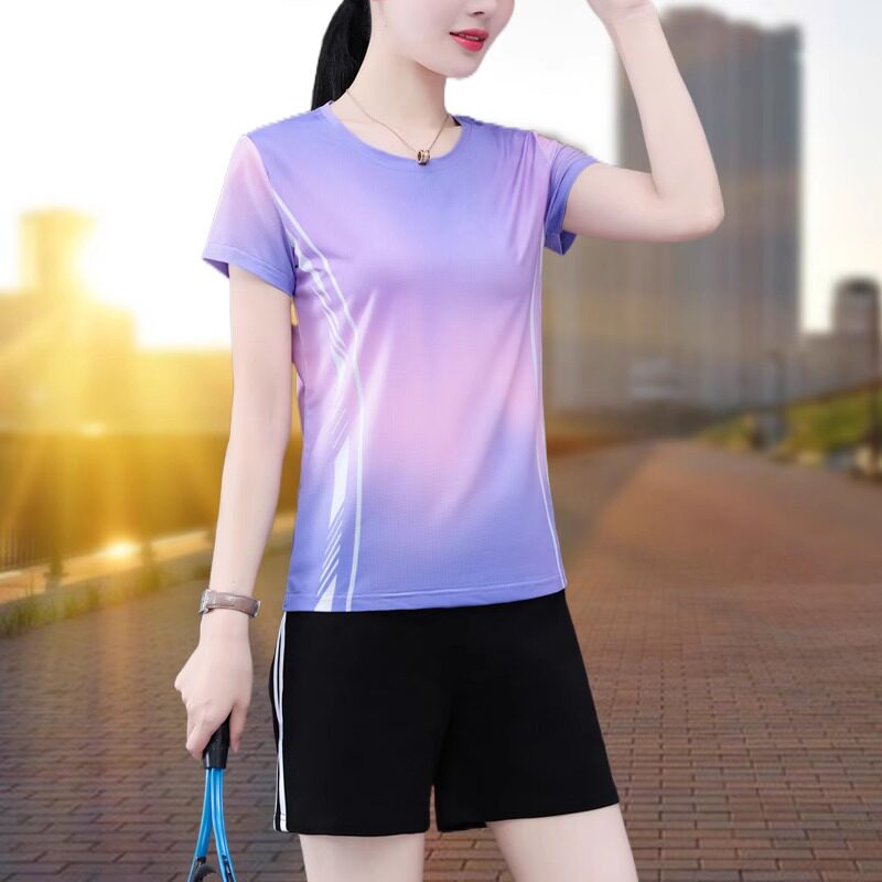 冰丝速干衣短袖t恤女夏季薄款2025新款休闲妈妈装跑步运动服上衣T