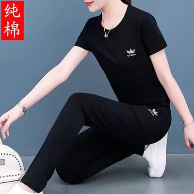 纯棉运动套装女2026夏季新款时尚妈妈薄款休闲舒适短袖洋气两件套