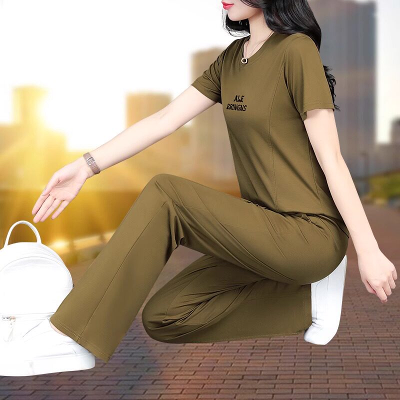 冰丝短袖运动套装女夏季2025新款休闲中年妈妈速干大码时尚两件套