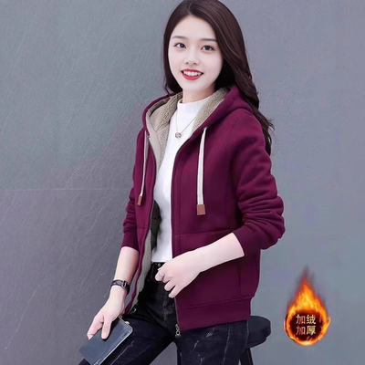 2025秋冬新款羊羔绒加绒连帽卫衣女上衣保暖冬装外套短款加厚开衫