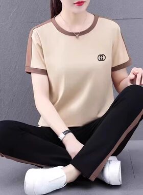 夏季短袖运动服套装女2025新款四十岁纯棉中年妈妈减龄休闲两件套