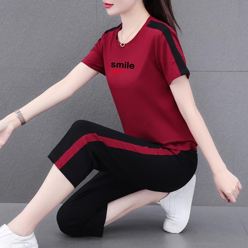 品牌纯棉休闲套装女夏季宽松显瘦妈妈短袖减龄跑步七分运动两件套