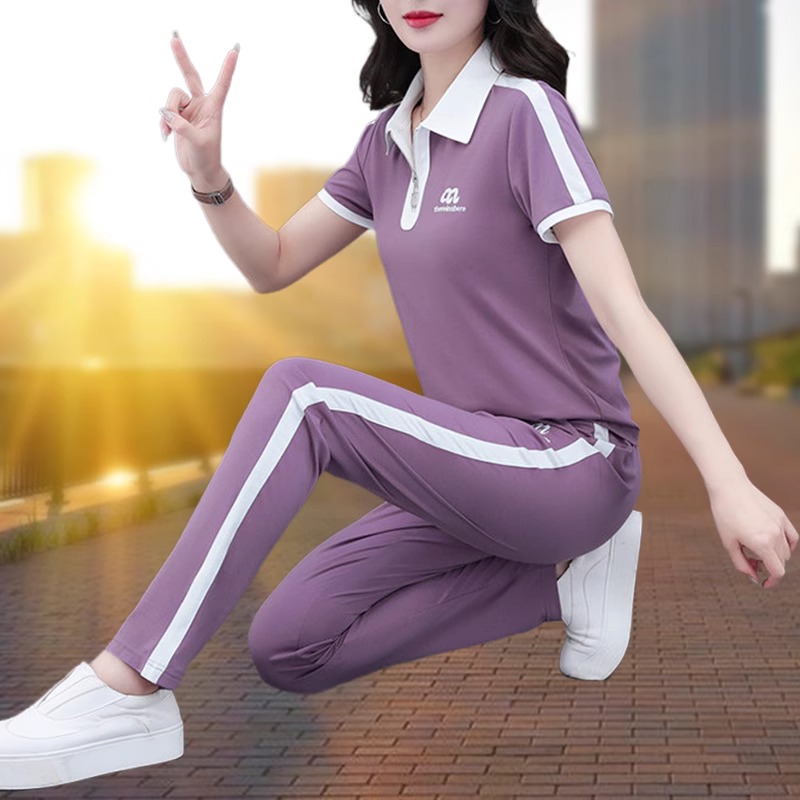 夏季冰丝薄款休闲服运动套装女士2024新款职业时尚短袖polo两件套