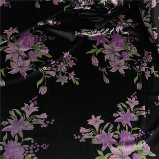 春夏醋酸印花金丝绒布料弹力黑底红花丝绒上衣连衣裙旗袍服装面料