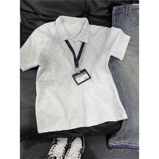 灰色美式短袖polo衫男款夏季硬挺重磅衬衫领t恤拼接设计感半截袖