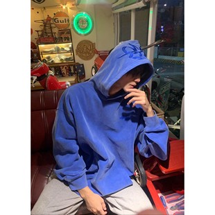 国潮牌蓝色帽衫字母刺绣加绒卫衣男款秋冬宽松美式重磅青少年外套