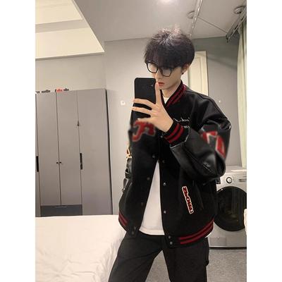 免费试穿~pu皮拼接棒球服男秋冬