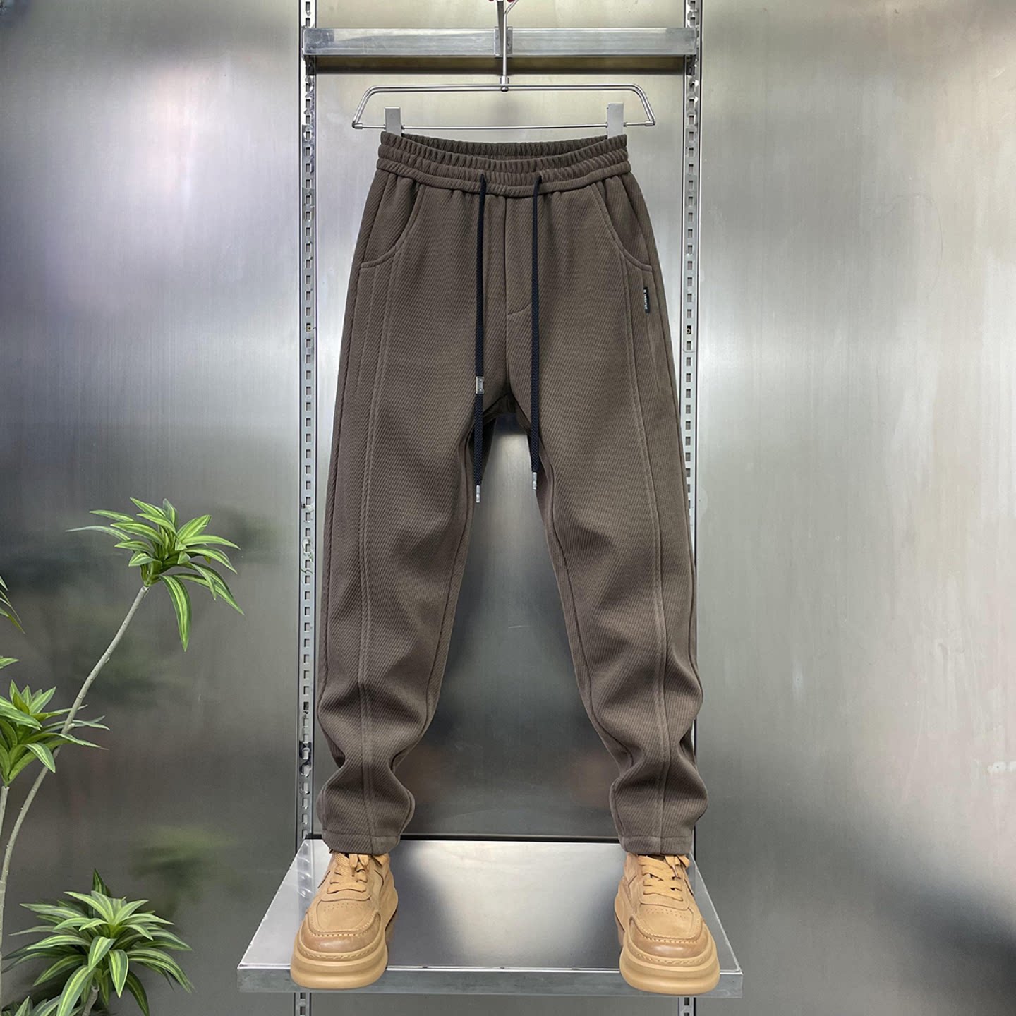 冬季新款纯色简约百搭男士休闲裤户外加绒加厚保暖长裤抽绳哈伦裤
