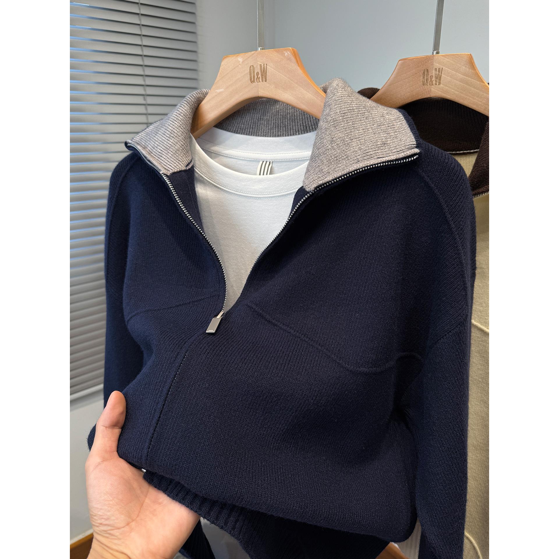 撞色翻领开衫男针织衫韩版宽松秋冬季加厚毛衣外套男装运动外搭潮