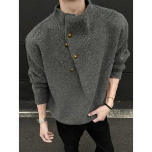 潮牌痞帅cleanfit慵懒套头针织衫 半高领纽扣设计感毛衣男女款 秋季