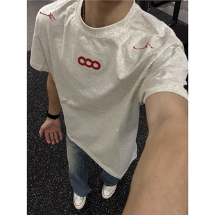 2026新款美式高街刺绣短袖T恤男女宽松重磅纯棉潮牌同款情侣上衣