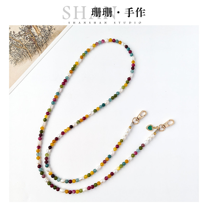 原创手机斜跨链天然珍珠彩碧玺长链背带单肩斜背包包简约挂绳送礼