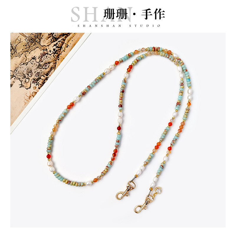 原创手机斜跨链玛瑙长链天然珍珠背带单肩斜背便携挂绳精致包包链