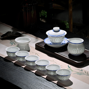 景德镇玲珑瓷三才盖碗高档功夫茶具套装家用陶瓷茶具泡茶送礼有面