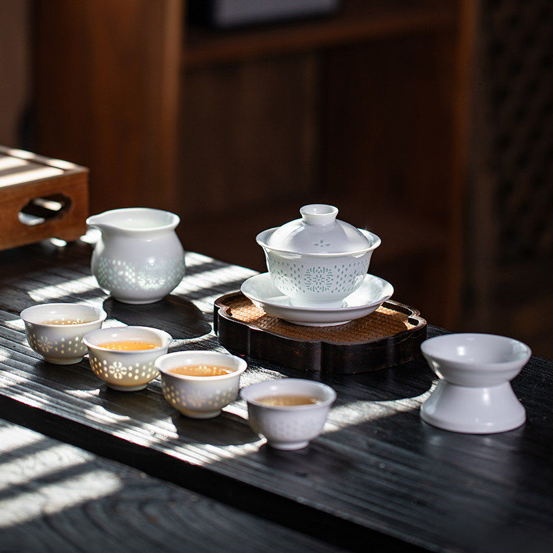 景德镇玲珑瓷功夫茶具套装镂空盖碗茶杯茶壶家用素雅高雅新中式