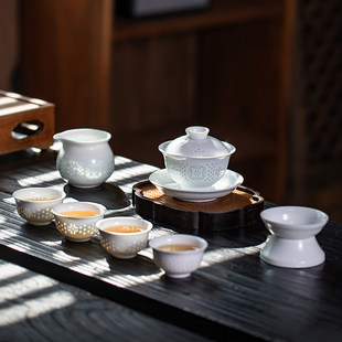 景德镇玲珑瓷功夫茶具套装镂空盖碗茶杯茶壶家用素雅高雅新中式