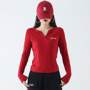 2025秋冬长袖广场舞服装时尚V领运动上衣健身跳操T恤休闲人棉透气