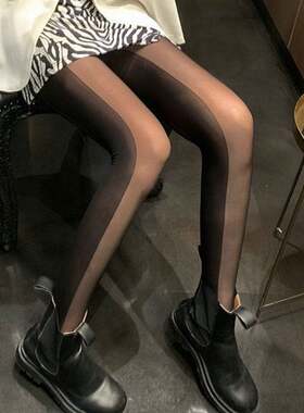 日韩系黑色拼接连裤袜张惠妹同款春夏侧边竖条纹阴影显瘦打底丝袜