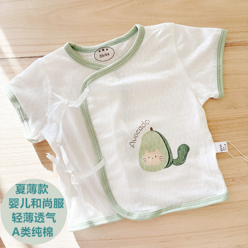 迪尼豆豆新生儿衣服夏季超软薄款纯棉无骨系带短袖和尚服婴儿上衣