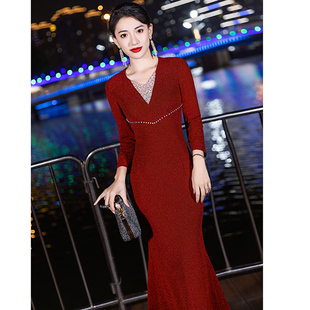 长袖 喜婆婆参加婚礼鱼尾高级感主持裙 婚宴晚礼服女2026新款 妈妈装