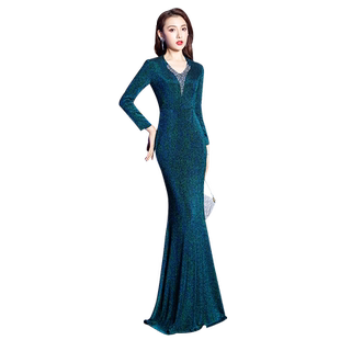 蓝色晚礼服女2026新款宴会高端鱼尾高级感年会气质长袖主持人裙冬