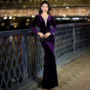 高级感气质鱼尾修身 显瘦主持裙 晚礼服女2026妈妈装 紫色中年妈妈装