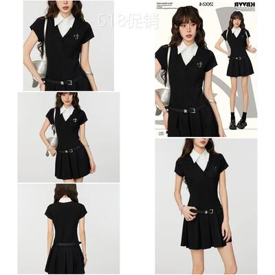 美式黑色假两件学院风洋装女装夏季polo小黑裙短裙裙子千金生日