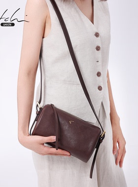 SATCHI/沙驰2026植鞣牛皮笔筒包女设计师真皮通勤小众迷你单肩包