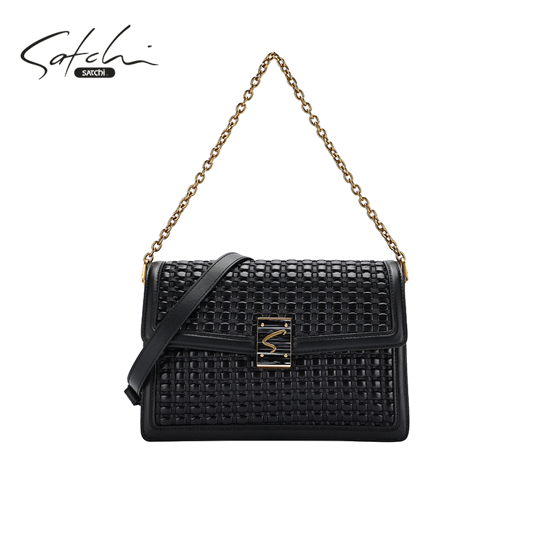 SATCHI/沙驰女包头层牛皮单肩高级感编织纹斜挎包