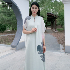 浒城古娘新款桑蚕丝精致印花立领气质宽松新中式国风连衣裙女夏季
