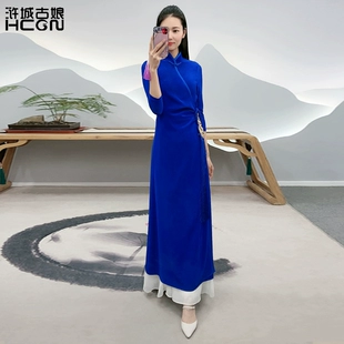 新品 立领修身 清凉舒适醋酸缎裙子系带收腰流苏连衣裙 中式 长裙夏季