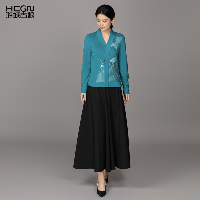 中国风荷花刺绣气质减龄宽松上衣