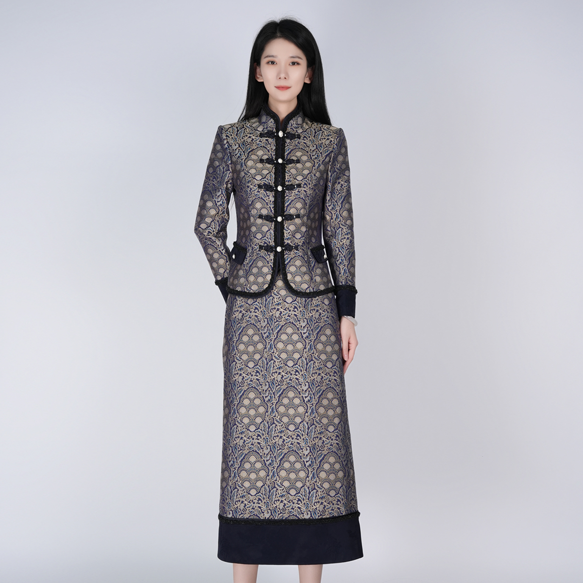 浒城古娘新款桑蚕丝气质高端修身通勤新中式国风套装裙女款春秋