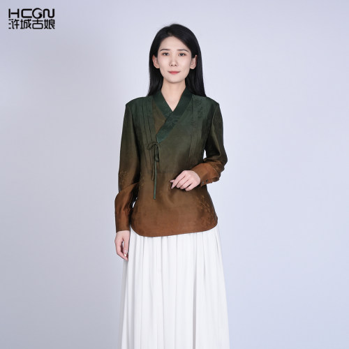 国风桑蚕丝渐变色百搭气质女新款长袖V领显瘦通勤女装香云纱上衣