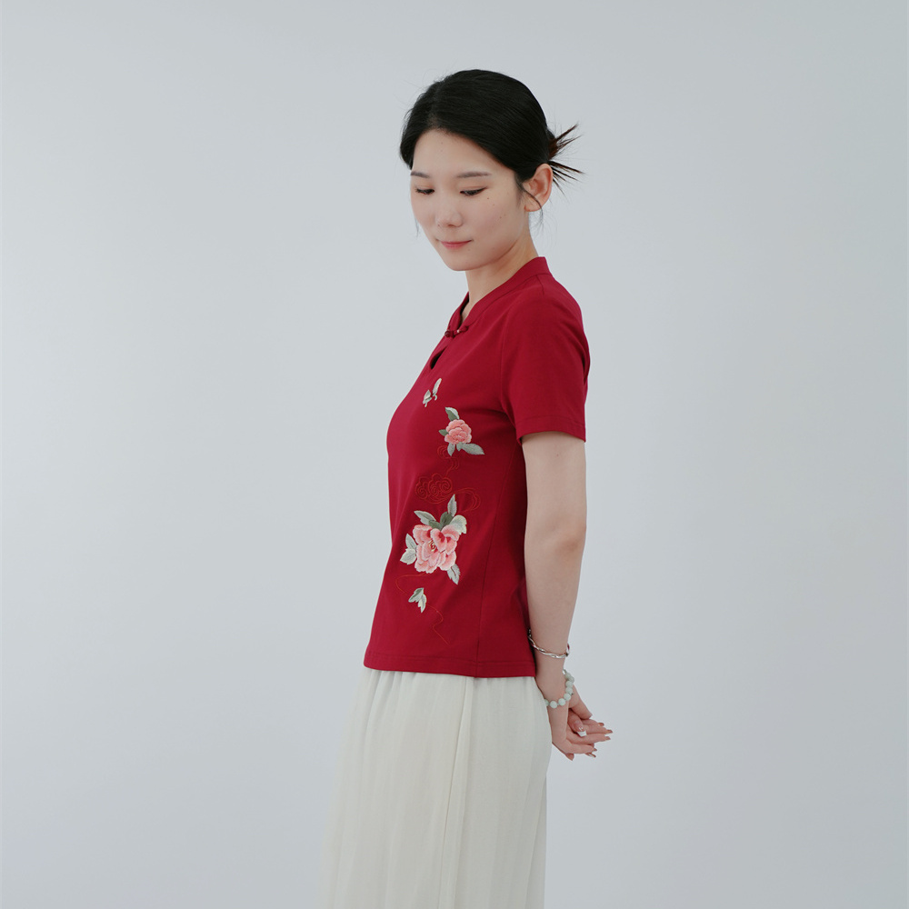 浒城古娘短袖低立领手工盘扣T恤