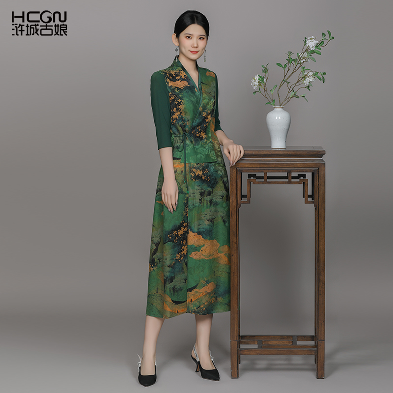浒城古娘新款桑蚕丝印花气质优雅长款新中式国风香云纱连衣裙女夏