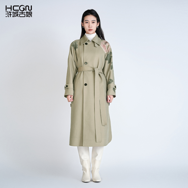 国风印花中长款宽松百搭翻领风衣