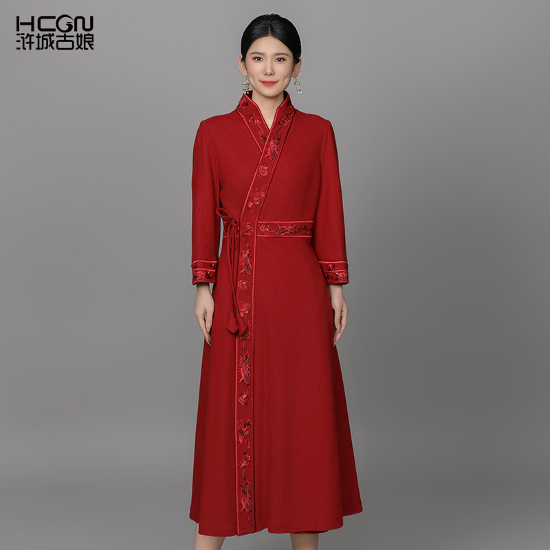 浒城古娘新款绵羊毛刺绣气质系带红色长袖新中式国风连衣裙女春秋,女装/女士精品,连衣裙,淘宝优惠券,粉丝福利购,淘宝优惠卷